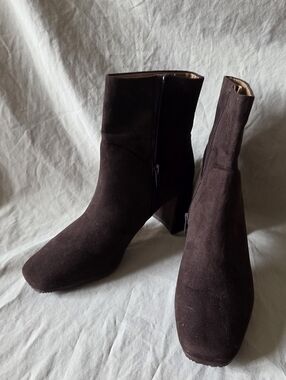 Suede Square-Toe Ankle Booties in Dark Brown
